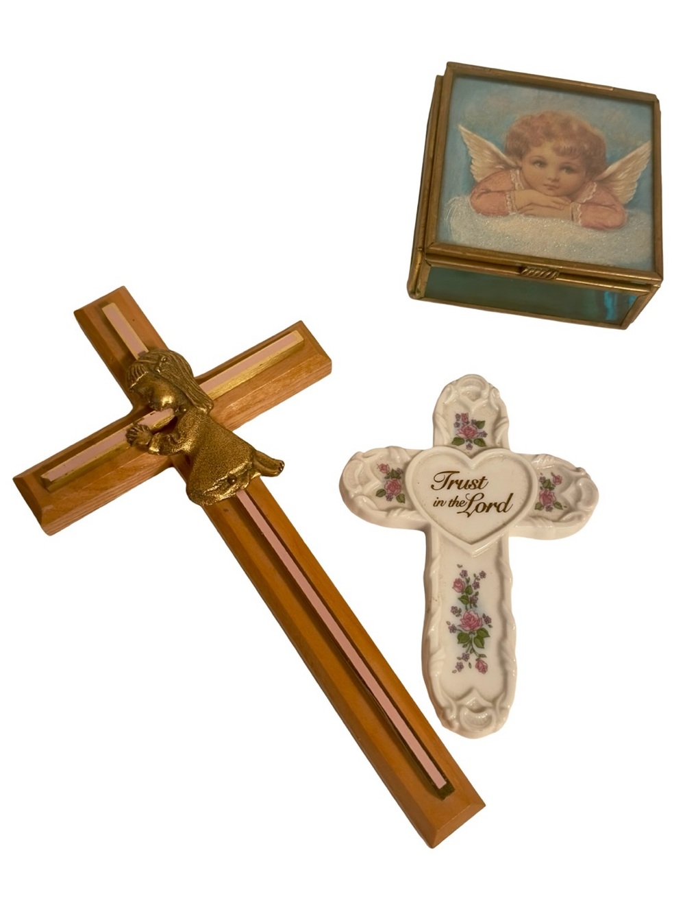 Vintage Religious Decor Set Enesco Trust in the Lord Cross Via Vermont Angel Box